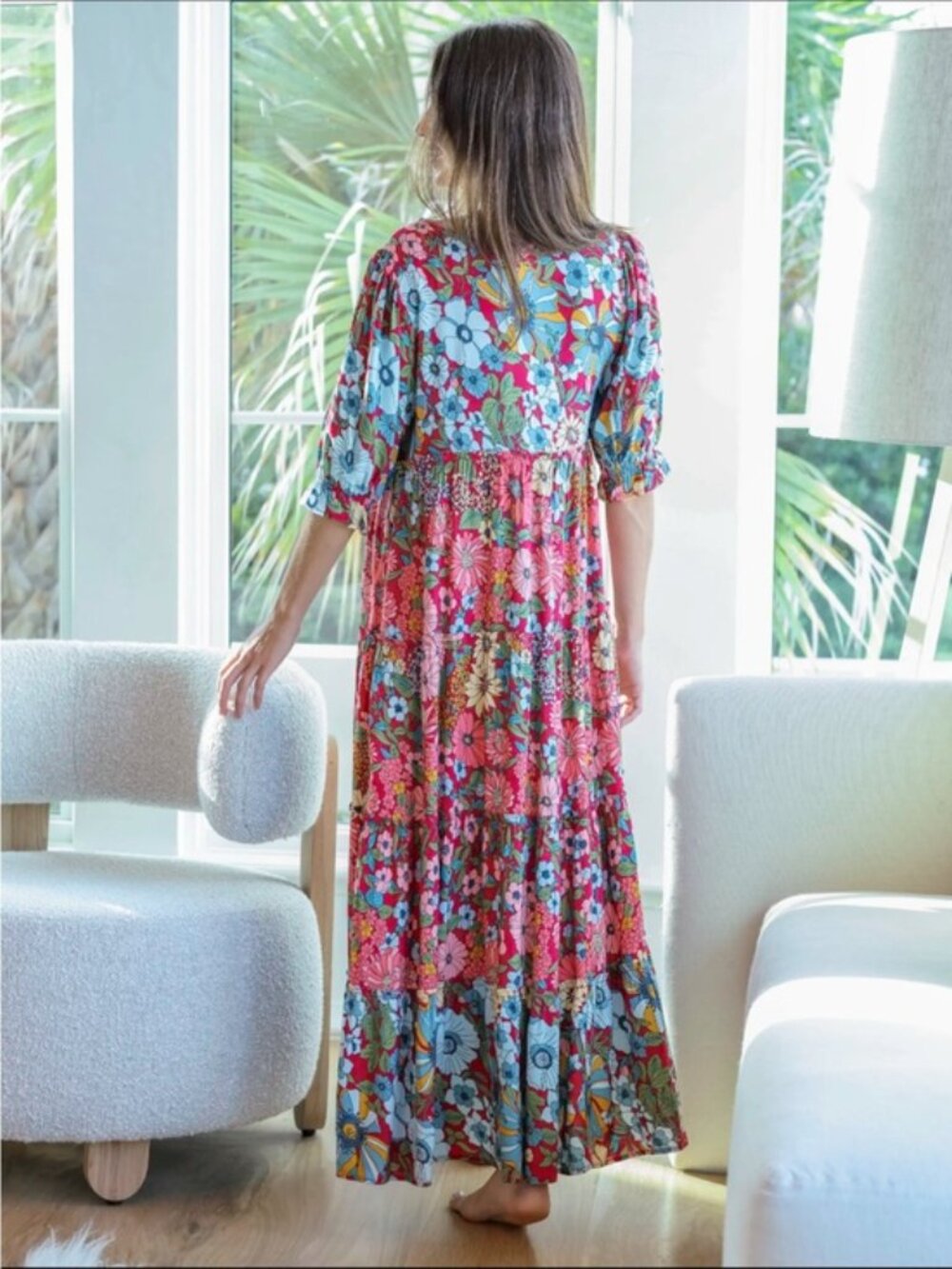 Natural Life Collette Tiered Maxi Dress Blue Red Floral Boho Size Large - Picture 2 of 8